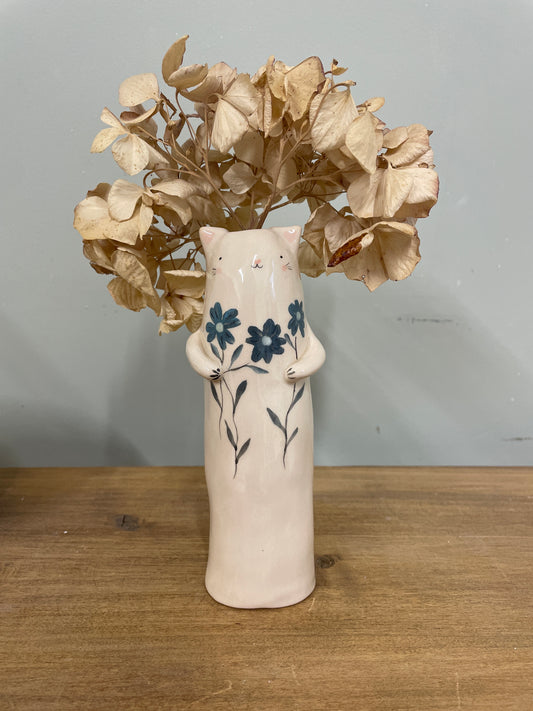 Soliflore chat au bouquet bleu en céramique vase émaillé