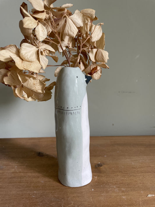 Soliflore oiseau gris bleu en céramique vase émaillé