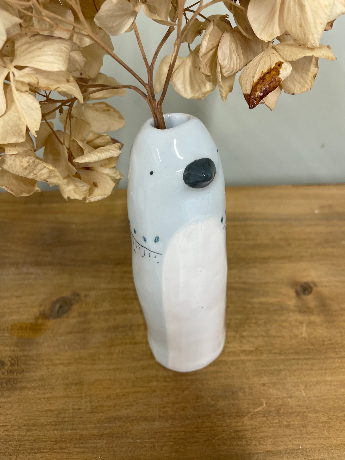 Soliflore oiseau gris bleu en céramique vase émaillé