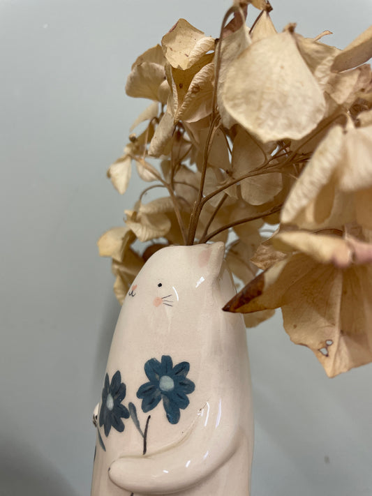 Soliflore chat au bouquet bleu en céramique vase émaillé