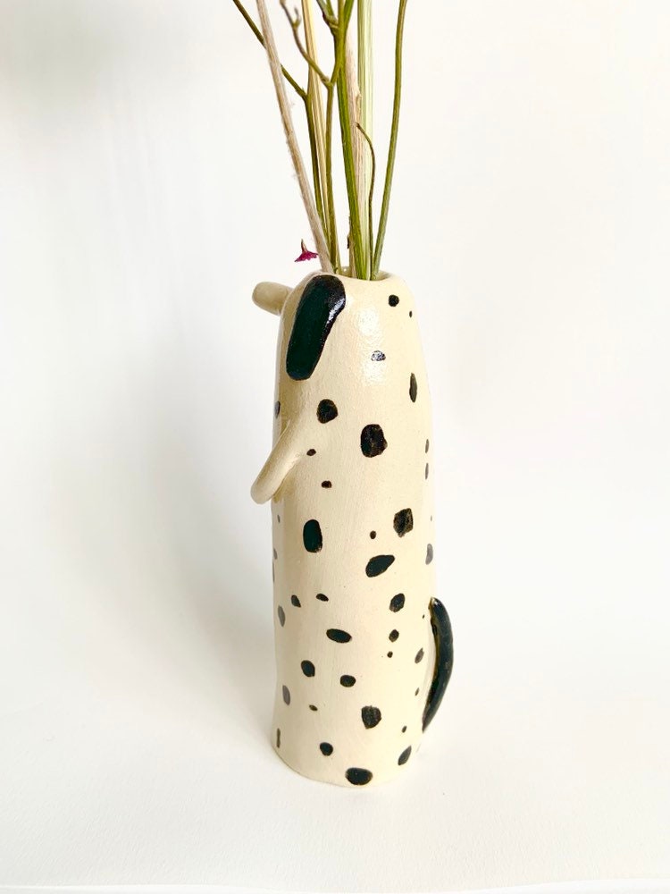 Soliflore chien dalmatien tacheté en céramique émaillé