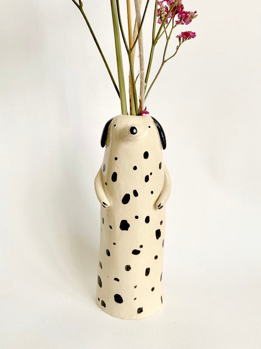 Glazed ceramic spotted dalmatian dog soliflore
