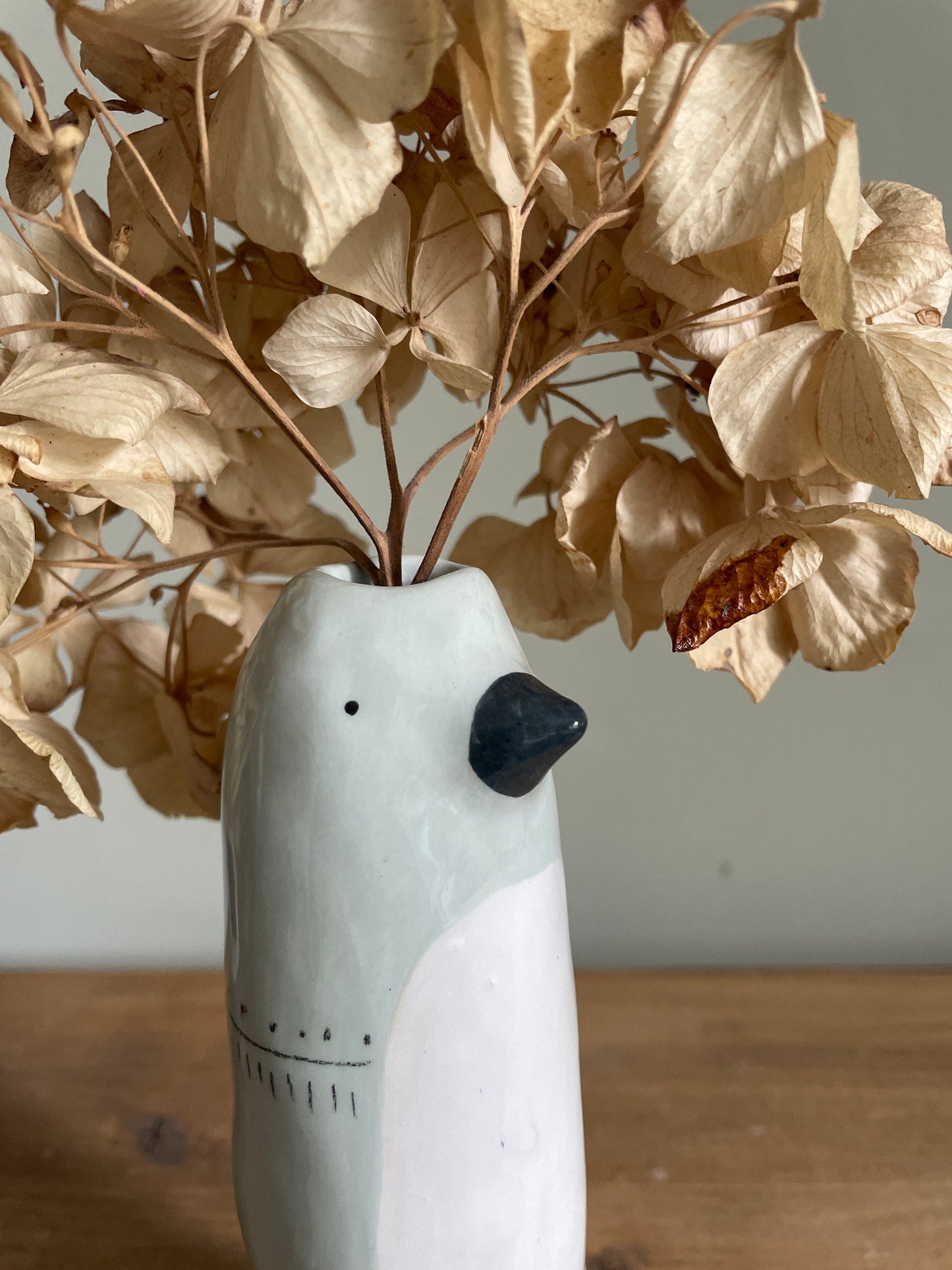 Soliflore oiseau gris bleu en céramique vase émaillé