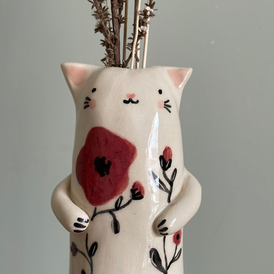 Soliflore chat au coquelicot bordeaux en céramique vase émaillé