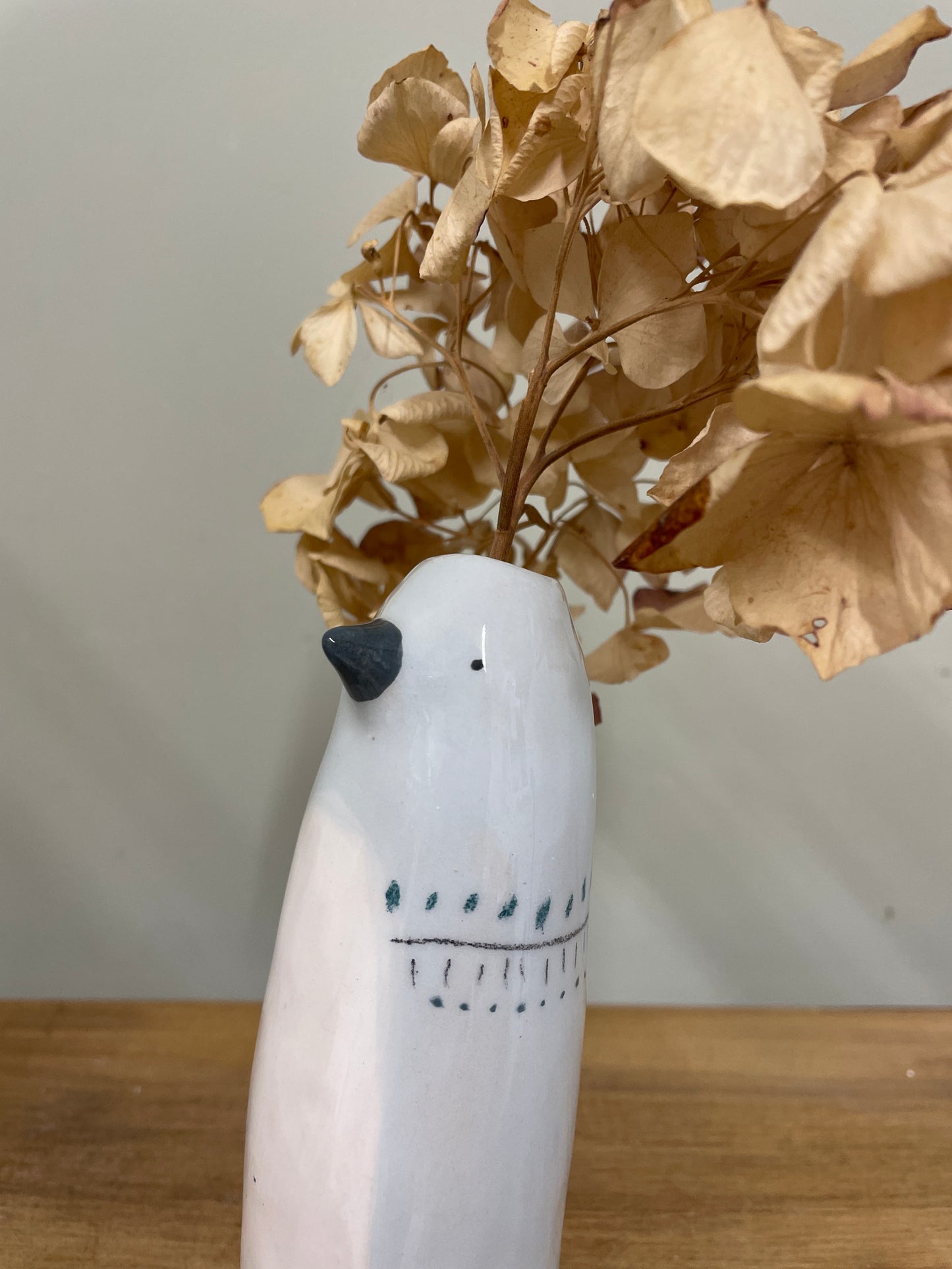 Soliflore oiseau gris bleu en céramique vase émaillé