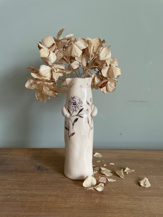 Soliflore chat au bouquet rose en céramique vase émaillé