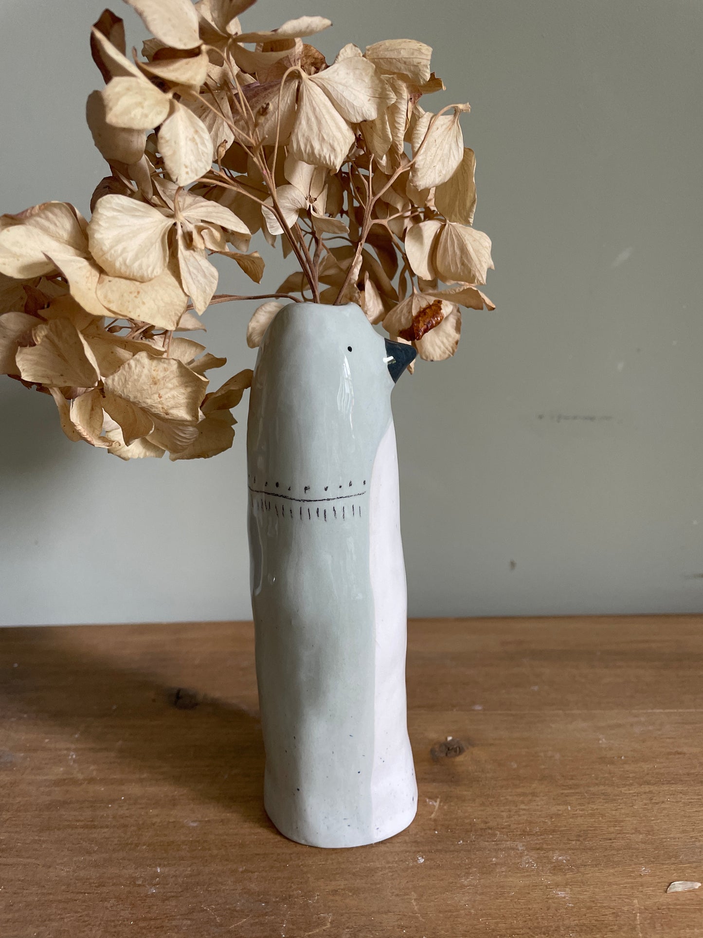 Soliflore oiseau gris bleu en céramique vase émaillé