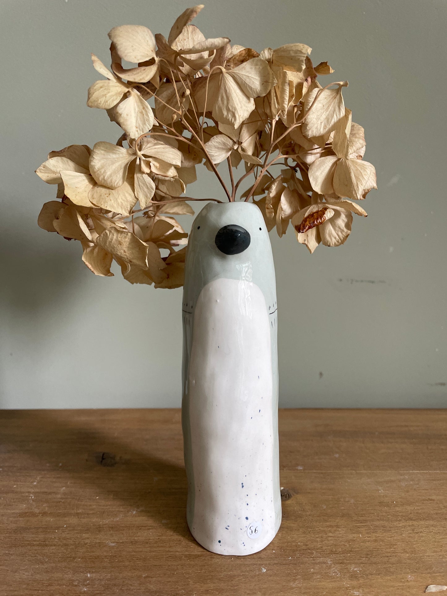 Soliflore oiseau gris bleu en céramique vase émaillé